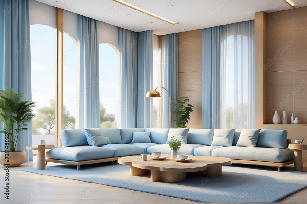 modern living room with high window and curtain, blue sofa minimalist and elegant wood furniture