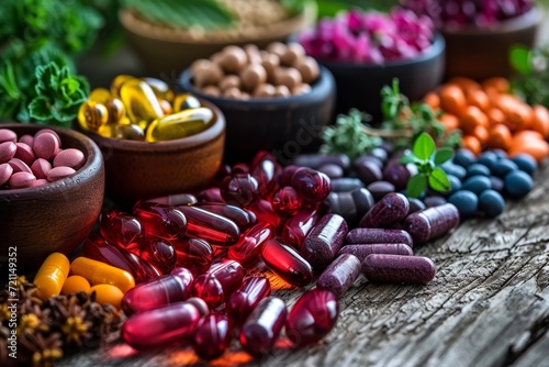 Close-up of vitamin capsules and dietary supplements. Including vitamin C, vitamin E, vitamin D3, salmon oil, fish oil and coenzyme Q10 capsules photo