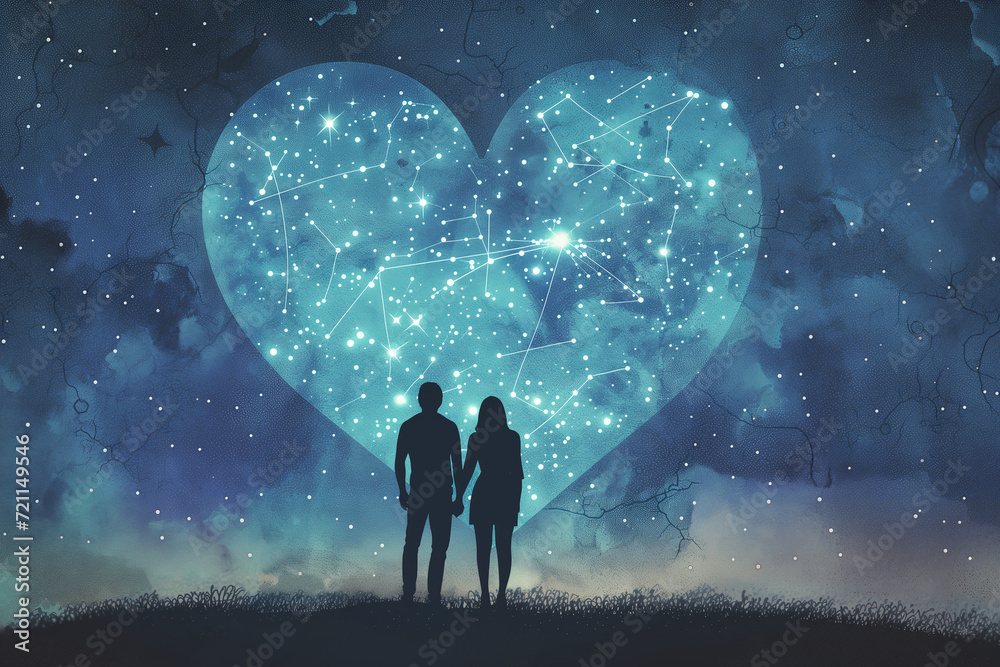 silhouette of a couple at night with stars with a heart as a constellation. valentine's day. silhouette of a couple at night with stars with a heart as a constellation. valentine's day.