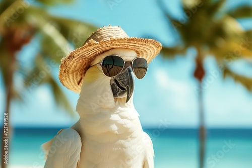 cockatoo wearing sun glasses and straw hat with sea and palm trees in background photo