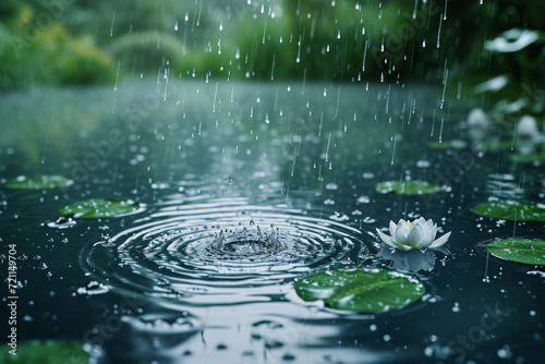 A slow-motion capture of raindrops falling on a serene lake, highlighting the beauty of nature's details. Concept of nature's elegance in slow motion. Generative Ai. © Sebastian