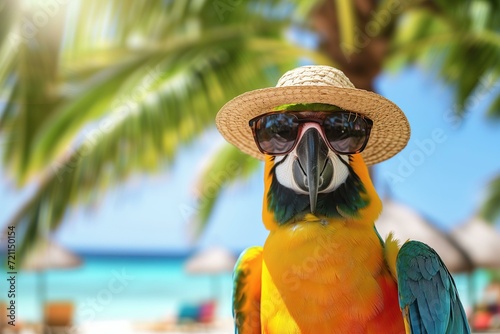parrot wearing sun glasses and straw hat with sea and palm trees in background