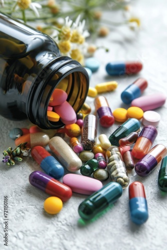 Close-up of vitamin capsules and dietary supplements. Including vitamin C, vitamin E, vitamin D3, salmon oil, fish oil and coenzyme Q10 capsules