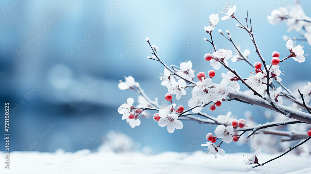 Obraz premium Spring branch with white flowers on a blue background. Spring concept. Winter background with tree branches and berries. Place for your text.