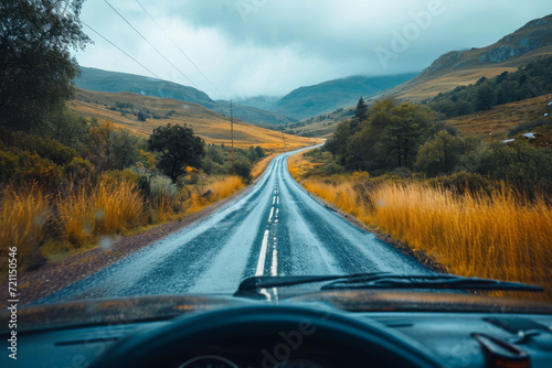 A video from a car's dashboard during a road trip, capturing the changing landscapes. Concept of travel and the journey's perspective. Generative Ai.