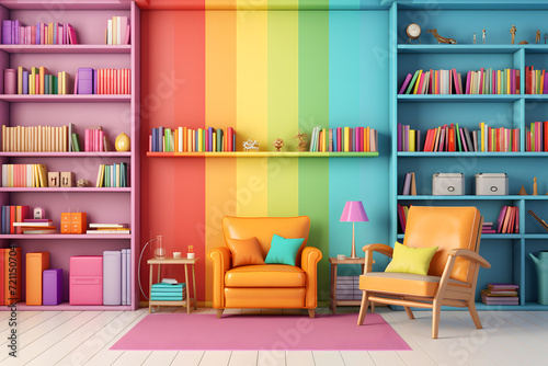Colorful home office with a rainbow of bookshelves © sugastocks