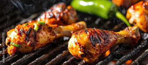 Spicy chicken drumsticks grilling on a BBQ with a close-up of a green chili pepper. photo