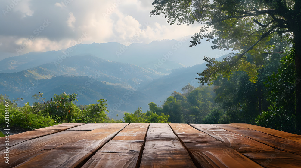 Serene landscape, Empty Wooden Table with Mountain Backdrop, table in the forest