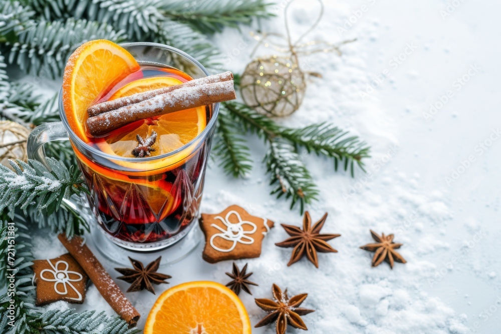 mulled wine with oranges and cinnamon sticks - christmas background decoration