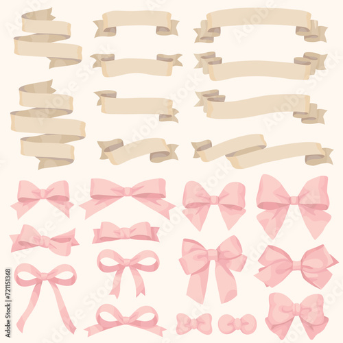 Various ribbon label and pink bow ties vector stock illustration set