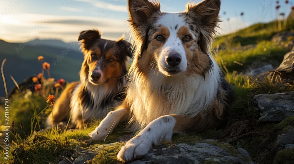 two Border Collie sheep dogs on a rock in a meadow two Border Collie sheep dogs on a rock in a meadow