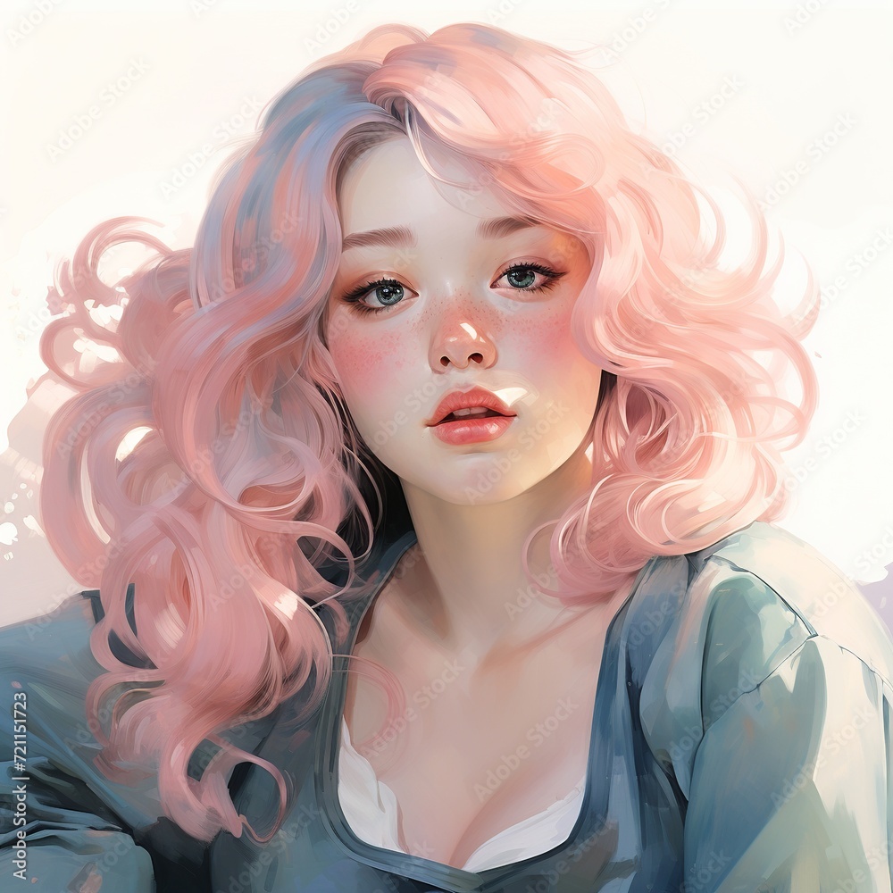 Dreamy Woman with Flowing Pink Hair and Blue Eyes