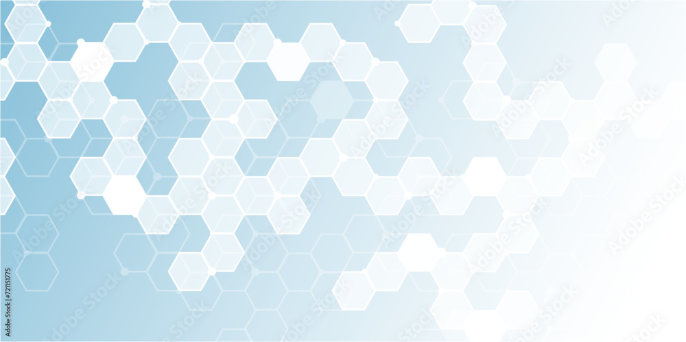 Geometric abstract background with blue and white hexagons. Hexagonal abstract technology background with light. Technology polygonal design. Digital futuristic minimalist banner in blue background.