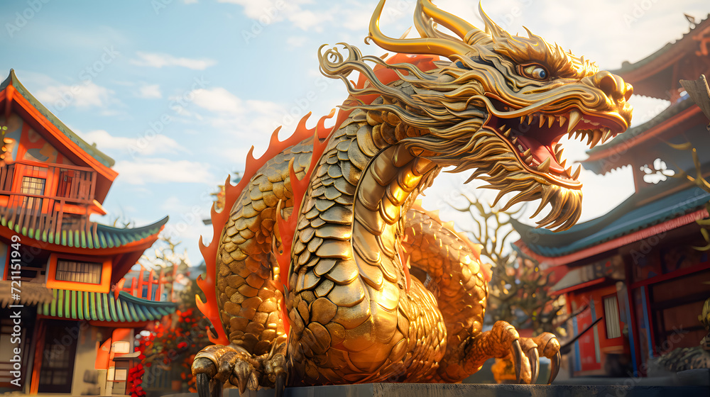 Fototapeta premium Golden dragon statue in chinese temple with blue sky background. Dragon chinese wallpaper, Happy Lunar New Year