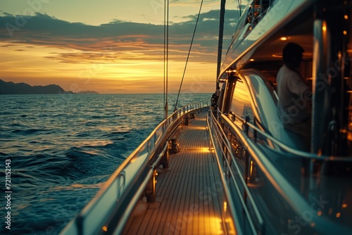 A luxurious yacht sails on the open sea, basked in the warm, cinematic glow of a breathtaking sunset.
