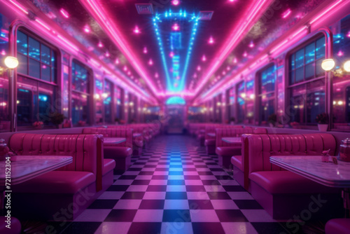 A classic 1950s diner with neon lights and checkered floors, embodying the era's unique style. Concept of retro design and 50s culture. Generative Ai.