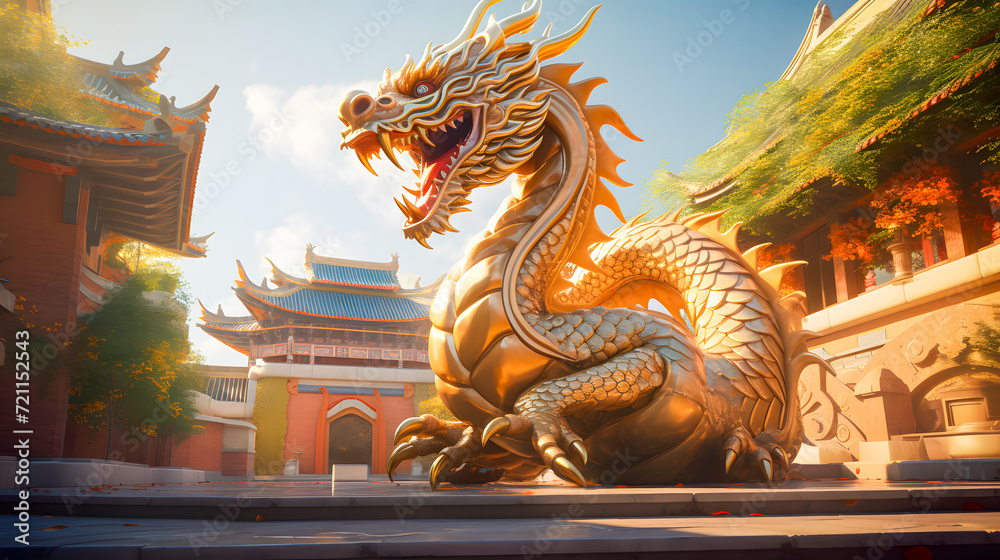 Fototapeta premium Golden dragon statue in chinese temple with blue sky background. Chinese dragon is a mythical creature. Dragon chinese wallpaper, Happy Lunar New Year