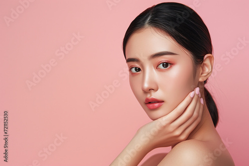 Young Asian woman with pulled-back hair, showcasing Korean makeup style and perfect skin on a pink background