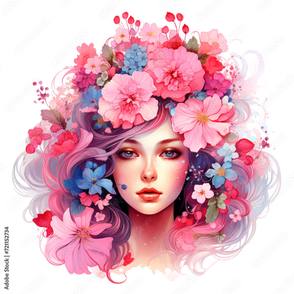 illustration of a floral princess, a woman with flowers in her hair, girl hair covered in pink flowers and blue blossoms, pink flower goddess