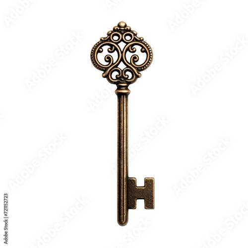 antique skeleton key, ancient doorway key, isolated on a white or transparent background, PNG , vintage brass key  © Chamli_Pr