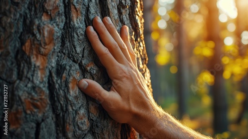 Human hand touch tree trunk. People and nature connection concept. Beautiful green forest. Nature environment. Man care about ecology. Save planet. Wood bark close up. Peace and harmony at eco park. #721152727