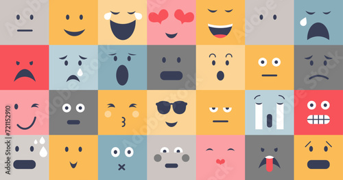 Emotional regulation examples with various facial expression collection. Different feelings and moods with psychological mindsets. Happy, sad, angry and excited faces in colorful collection.