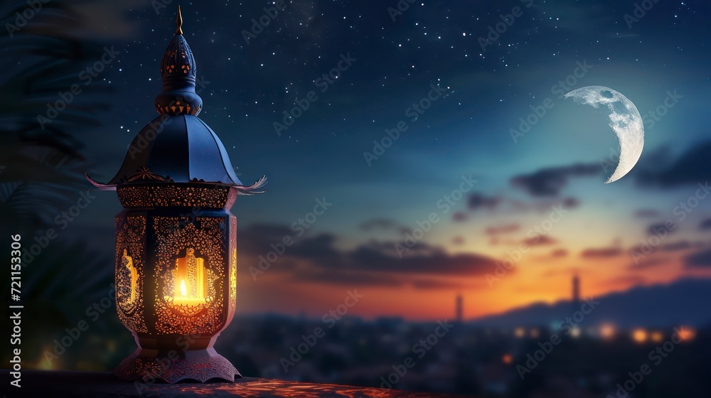 Arabic lantern with burning candle and night sky with waning crescent moon in the background. Generative AI
