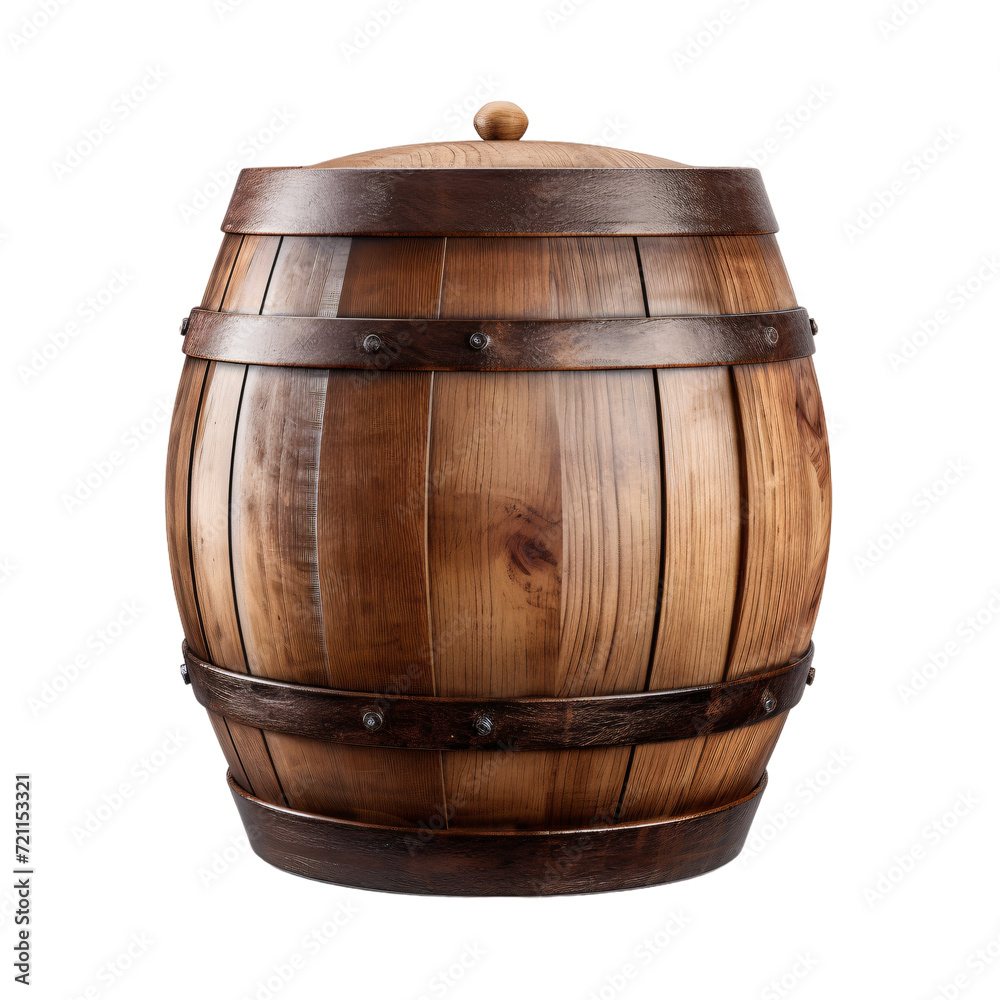 Obraz premium Vintage wooden barrel isolated on white PNG , old wooden wine barrel with steel strips, Transparent background