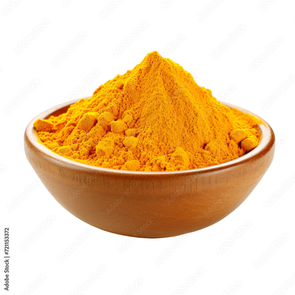 bowl of Turmeric powder isolated on a transparent background, ayurvedic medicine, yellow powder, Asian spice, and natural pigment bowl of Turmeric powder isolated on a transparent background, ayurvedic medicine, yellow powder, Asian spice, and natural pigment