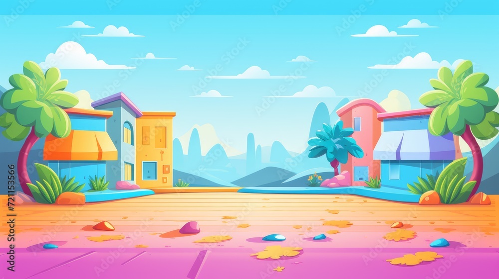 colorful cartoon landscape featuring two houses, lush greenery, and a scenic mountain backdrop under a clear sky.