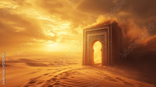 Background of Islamic mosque gate in sand dunes. Generative AI
