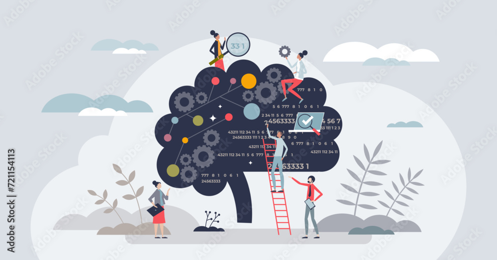Pattern recognition for precise data algorithm analytics tiny person concept. Analyze artificial intelligence behavior and learning digital technology connections vector illustration. AI functions. - obrazy, fototapety, plakaty 