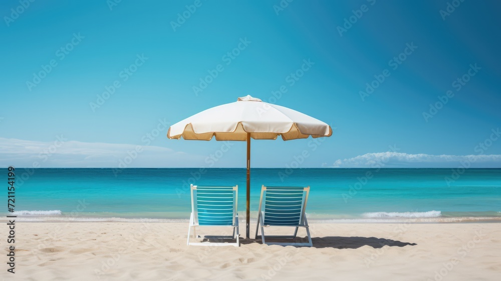 White umbrella and two chairs on tropical beach with clear sky. Vacation and travel.
