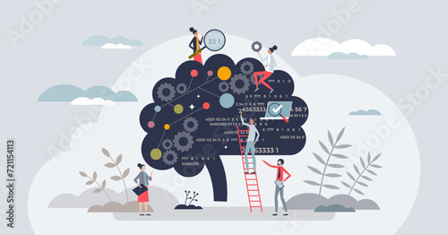 Pattern recognition for precise data algorithm analytics tiny person concept. Analyze artificial intelligence behavior and learning digital technology connections vector illustration. AI functions. photo