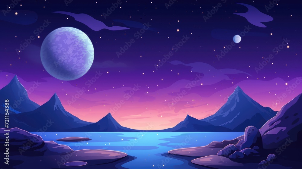 cartoon illustration Alien planet or moon landscape with craters and comet flying in night sky