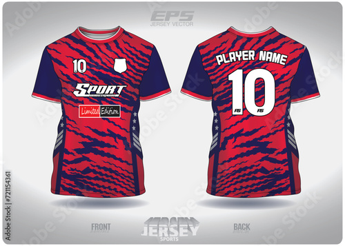 EPS jersey sports shirt vector.red blue zigzag tiger pattern design, illustration, textile background for round neck sports t-shirt, football jersey shirt.eps