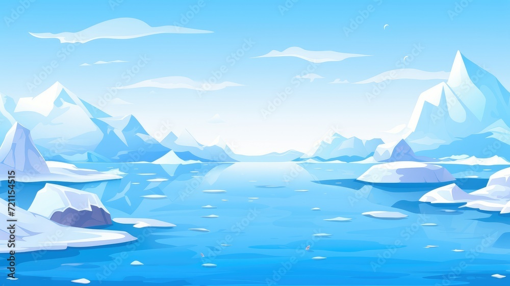 cartoon illustration Arctic landscape with icebergs, and sea or ocean.