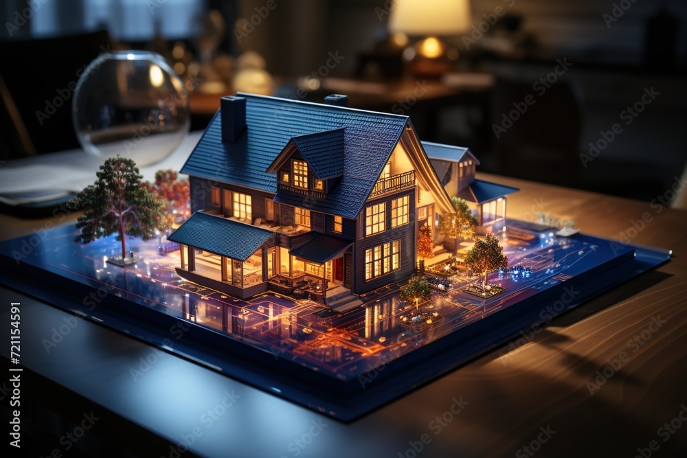 Futuristic Housing Fantasy: Immerse Yourself in a 3D Holographic Model of a Cozy Home on a Table 