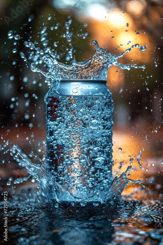An aluminum beverage jar for your advertisement with splashes and drops of water