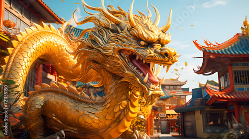 Golden dragon statue in chinese temple with blue sky background. Dragon chinese wallpaper  Happy Lunar New Year