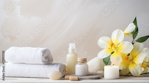 beauty treatment items for spa procedures on white wooden table. massage stones  essential oils and sea salt 