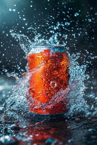 An aluminum beverage jar for your advertisement with splashes and drops of water