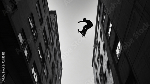 Boy skating between two buildings