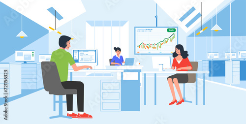 Worker busy in office Company modern workplace interior with employees sitting tables and computers