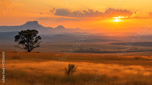 Burning savannah with orange sky in background