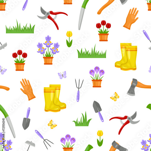 Gardening background. Vector seamless pattern with different gardening equipment, boots, gloves, grass and spring flowers. Cartoon flat illustration.