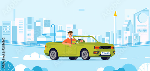 Businessman driving cabriolet car on road across suburb along cityscape buildings
