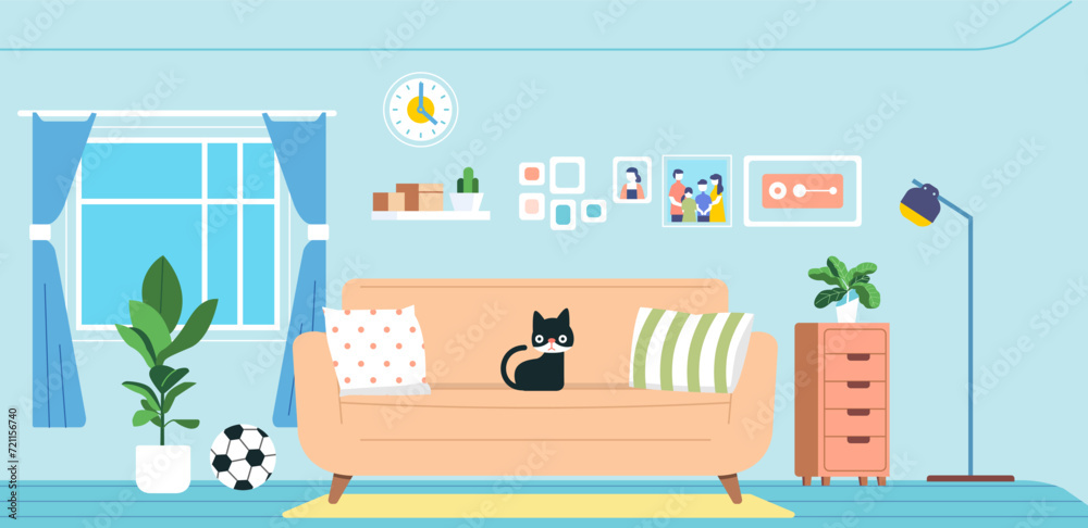 Cozy Living Room Interior furniture home cat sitting on the sofa flat illustration