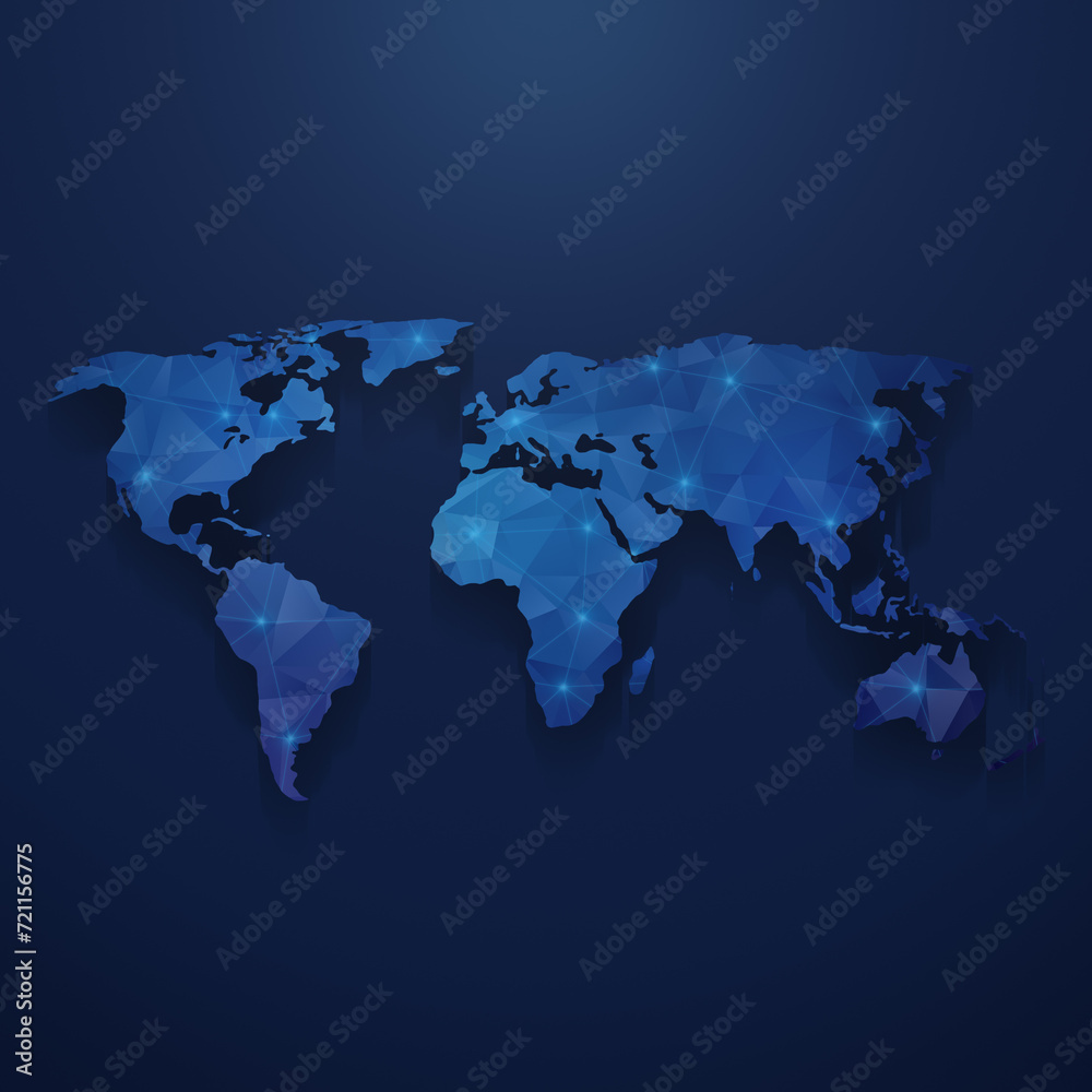 Modern blue world map with 3d polygon pattern and mesh network on a ...