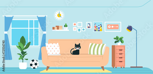 Cozy Living Room Interior furniture home cat sitting on the sofa flat illustration